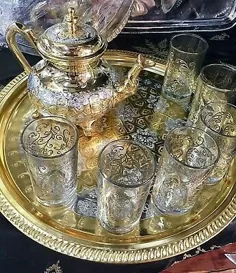 سرویس چای دست ساز مراکش ، 6 لیوان چای ، قوری دست ساز ، سینی چای حکاکی شده * جدید *