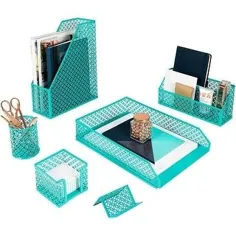 Teal 6 Piece Cute Desk Organizer Set and Accessories for Women (Teal Dark) ، آبی تیره (استیل)