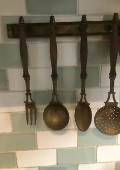 وسایل آشپزخانه برنجی Vintage مجموعه 4 و دکور کلکسیونی رک / روستیک