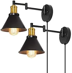 چراغ های دیواری HAITRAL 2 لامپ دیواری بازو با بازوهای برنجی و بازویی قابل تنظیم ، شمشیرهای دیواری صنعتی و پلاگین برای اتاق خواب ، خانه ، آشپزخانه (بدون سوئیچ)