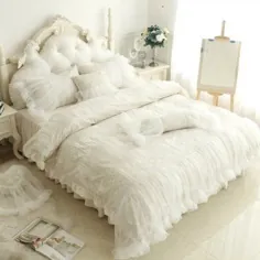 تخت خواب پارچه ای توری ویکتوریایی لوکس بژ و سفید رمانتیک پیچیده ملافه های ملافه زنانه دوقلو ، کامل ، ملکه