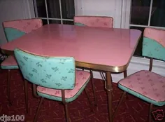 میز و برگ 4 صندلی Formica آشپزخانه و پلاستیکی فیروزه ای صورتی 1950 رنگ الویس سبک |  # 323674788