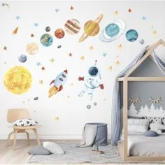 برچسب دیواری سیستم خورشیدی |  عکس برگردان دیواری فضایی برای اتاق خواب کودکان ، مهد کودک ، اتاق بازی |  بدون پی وی سی ، بدون بو |  لایه باز و استیک دیواری قابل استفاده مجدد