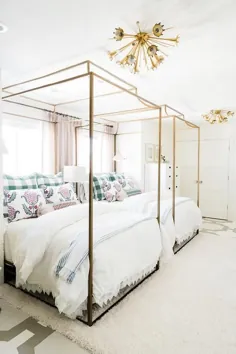 تخت خواب سایبان طلا با بالش های چکی سبز - انتقالی - اتاق دخترانه