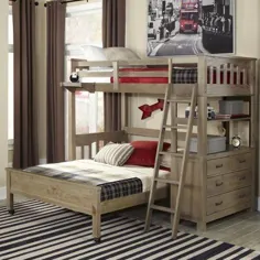 تخت های دو طبقه تختخواب دار Gisselle با دراورها و قفسه ها اندازه: دوقلو بیش از اندازه کامل ، رنگ قاب تختخواب: دریفتوود