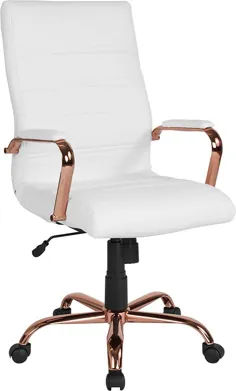 صندلی گردان چرمی سفید و پشتی با قاب و بازوهای طلای رز - فلش مبلمان GO-2286H-WH-RSGLD-GG