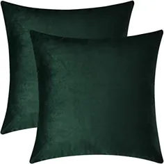 مجموعه Mixhug از 2 عدد روکش بالش تزئینی Cozy Velvet Square برای کاناپه و تخت ، سبز تیره ، 18 18 18 اینچ