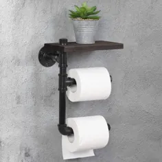 جا نگهدارنده کاغذ توالت دو نفره - قفسه چوبی دیواری رول دار نگهدارنده رول کاغذ توالت ، جا لوله لوله فلزی آهنی برای حمام ، دستشویی - مشکی